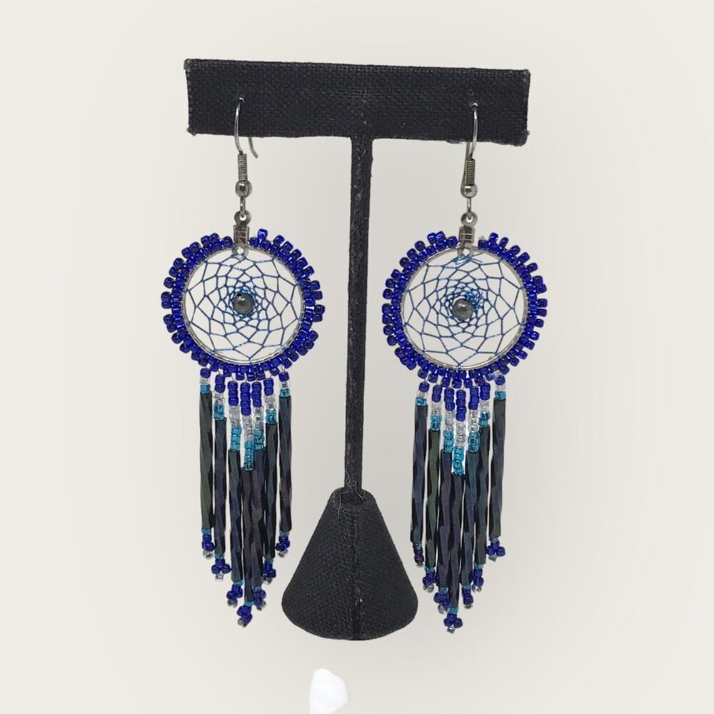 Indian Hand-made Earrings NWT Blue Sterling Silver Dreamcatcher Beaded